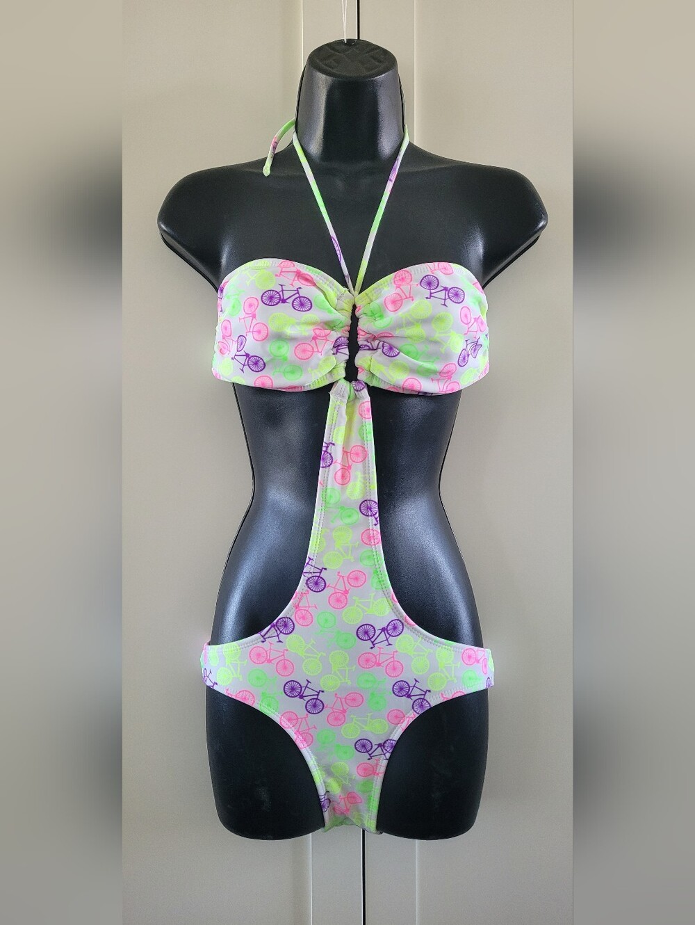 Neon Bicycle Print One-Piece Swimsuit - Pink; Green; Purple; Yellow